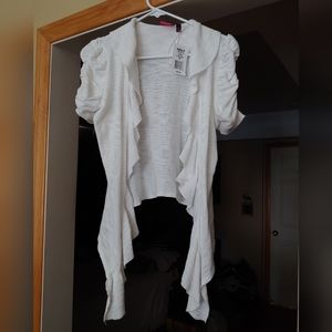 Ruffled White Lightweight Short Sleeved Cotton Sweater Size Med